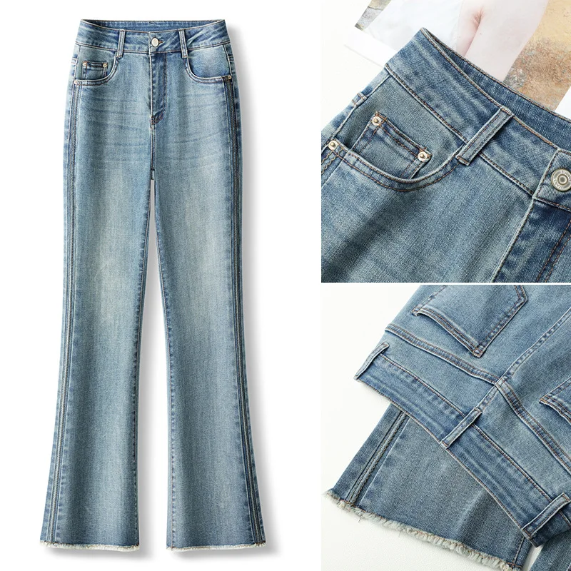 Light color micro cropped jeans spring and autumn light slim-fit casual high-waisted horseshoe bell bottoms