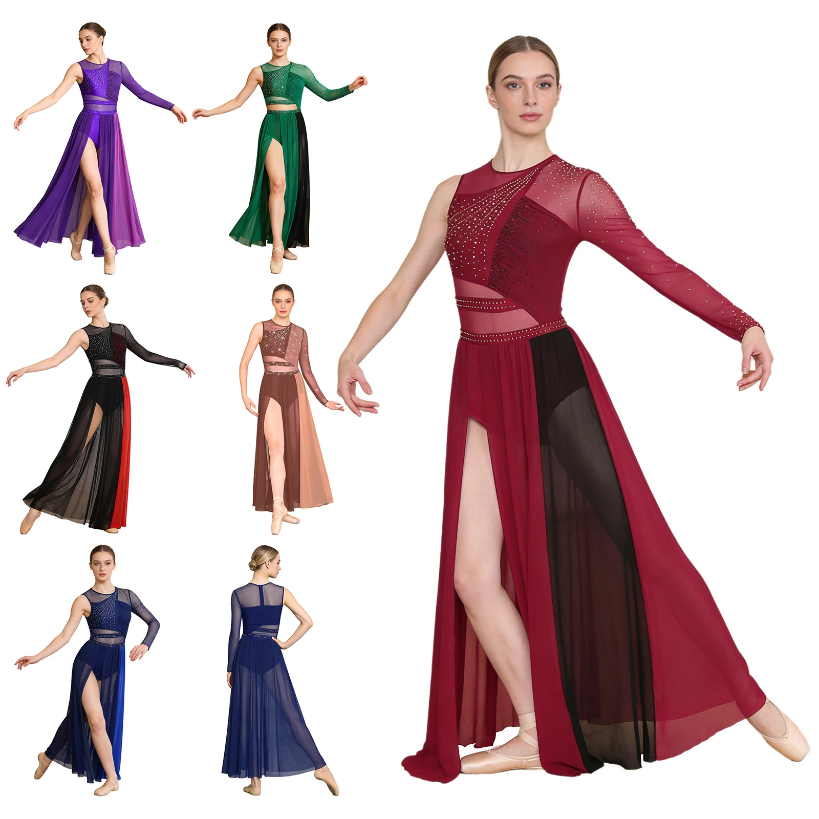 Women Modern Lyrical Dance Figure Skating Gymnastics Ballet Dress Shiny Rhinestones Split Sheer Mesh Leotard Dresses Dancewear