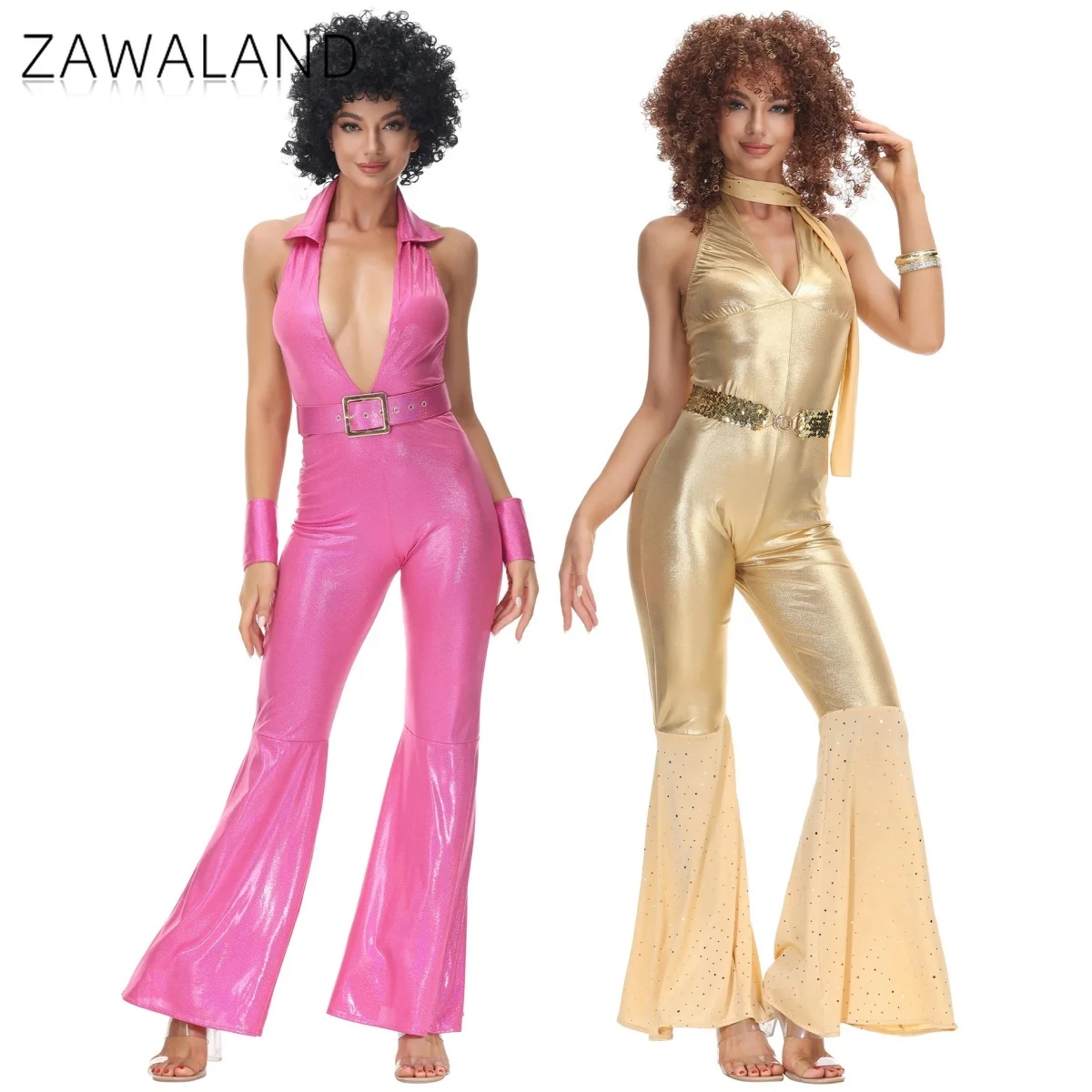 

70s Disco Cosplay Costume Woman Sexy Backless Low-cut Jumpsuit Vintage Party Solid Color Bodysuit Halloween Performance Clothes