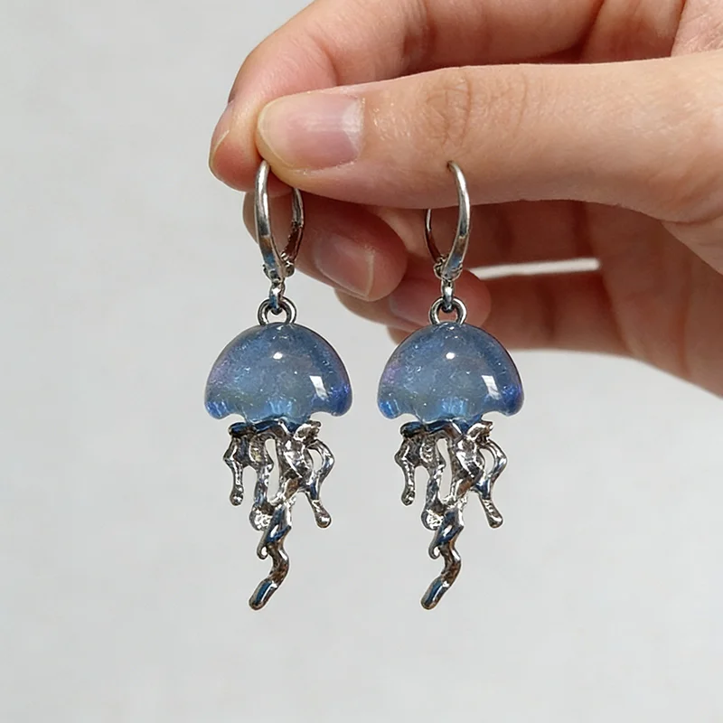 Cute Blue Jellyfish Ocean Pendant Earrings For Women Girls Unique Aesthetic Charm 2000s Harajuku EMO Vintage Jewelry Accessories