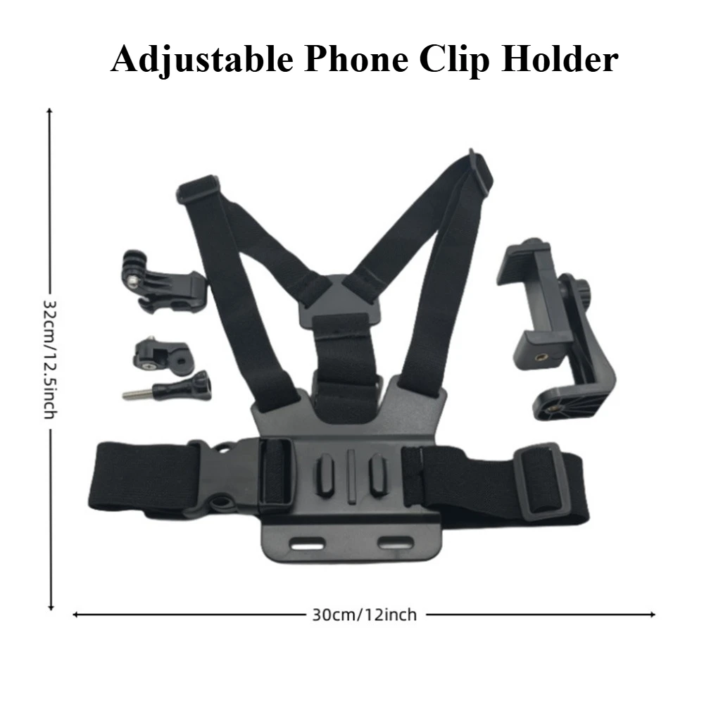 مجموعة واحدة من حامل مشبك الهاتف القابل للتعديل مع دعامة تثبيت حزام الصدر للكاميرا الرياضية وكاميرا الهاتف المحمول وحامل أسود