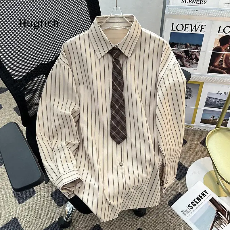 Mens Japanese Style Basic Striped Long Sleeve Shirt Korean Loose College Style Lapel Top With Matching Tie For Daily Commute An