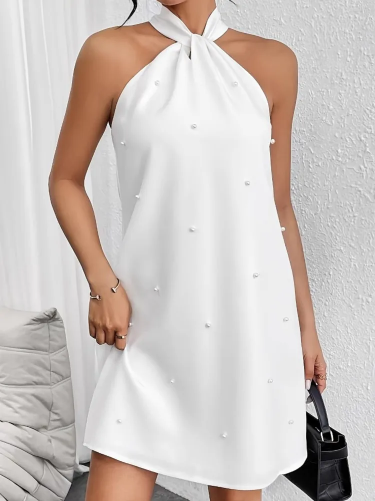 

2025 Summer Womens Sexy Mini Dresses New Fashion Temperament Elegant Pearl Short Skirts Halter-neck Spaghetti Strap Chic Dress