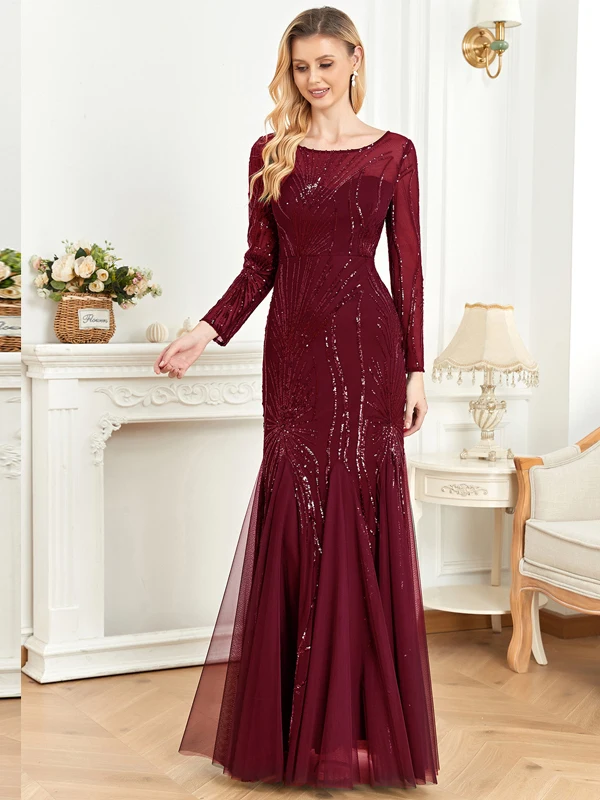 

Ele Sequin Fi Tail Gown for Women round Ne Long Sve Evening Dr Luxury Faionable Adult Ceremony Host Dr