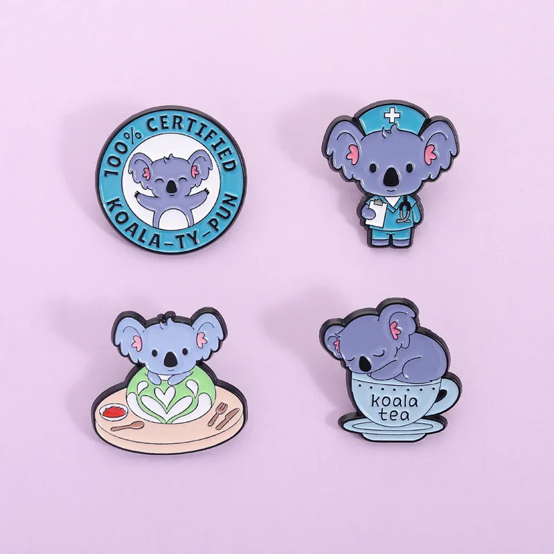 4Pcs Cute Koala Enamel Pins Set Certified Koala‑ty‑pun Nurse Koala Tea Cup Brooches Lapel Badges Animal Lover Jewelry Gift
