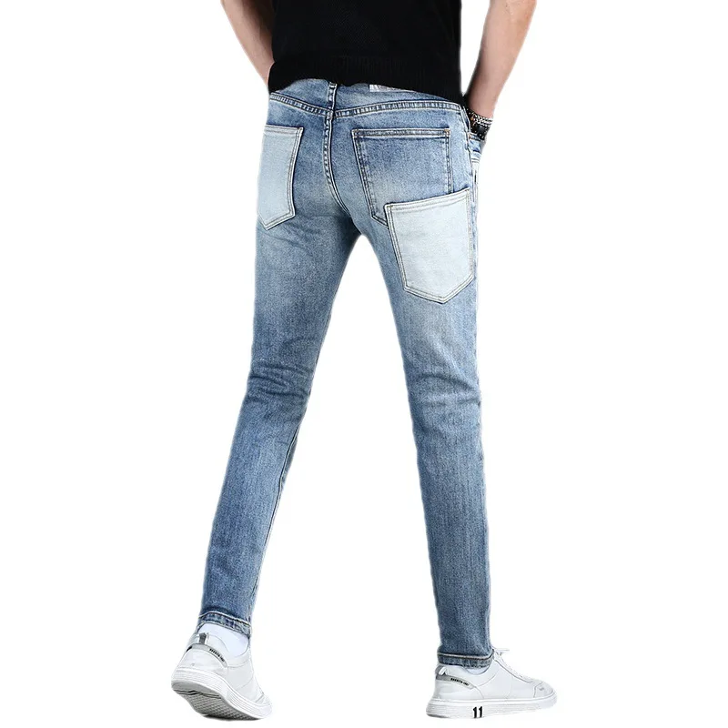 2024New Patchwork Stitching Fashion Jeans Men\'s Slim Fit Ankle-Tied Trendy High-End Street Locomotive Style Casual Trousers