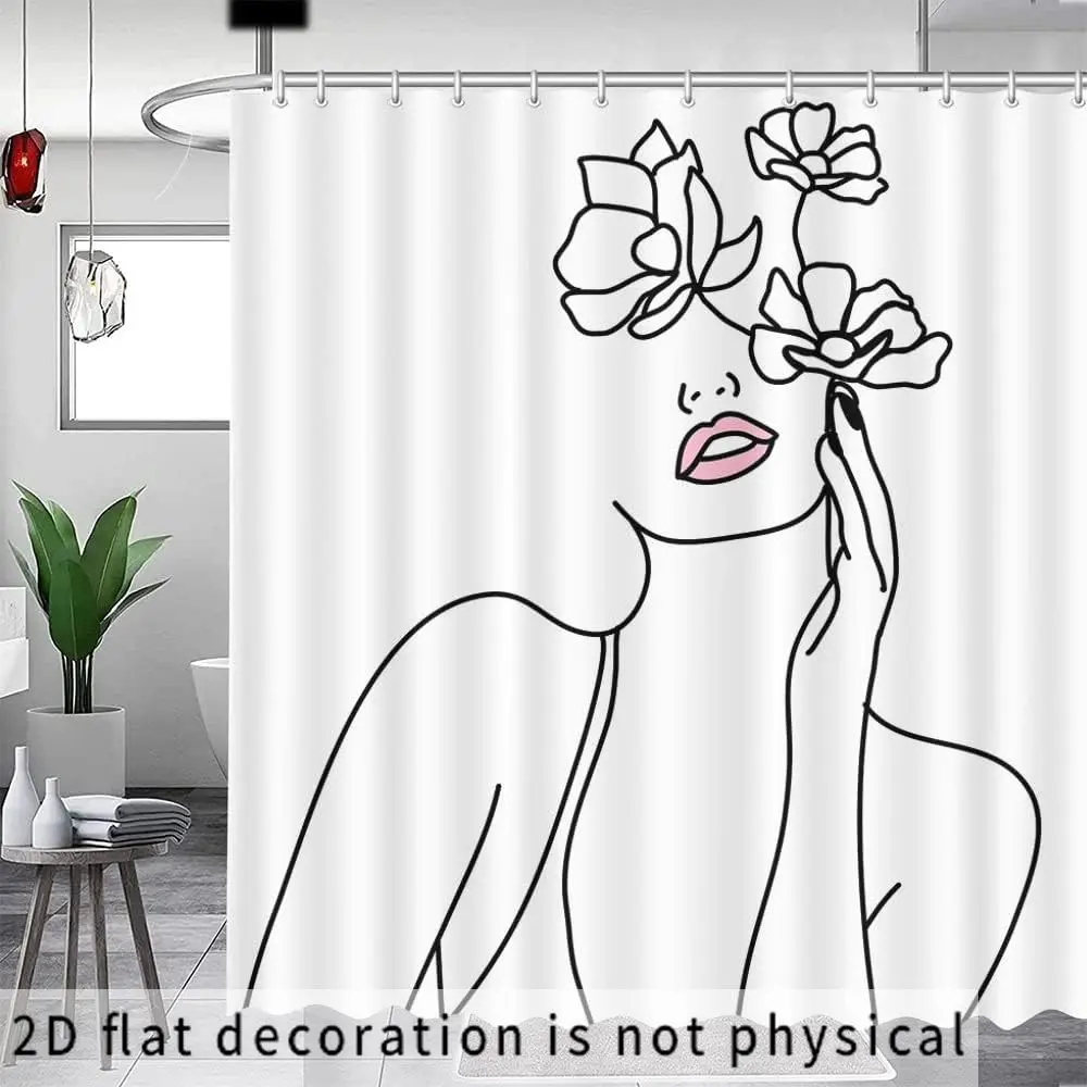 Abstract Line Art Woman Shower Curtain, Floral Face & Minimalist Print Waterproof Bathroom Decor, Modern Art Home Bath Screen