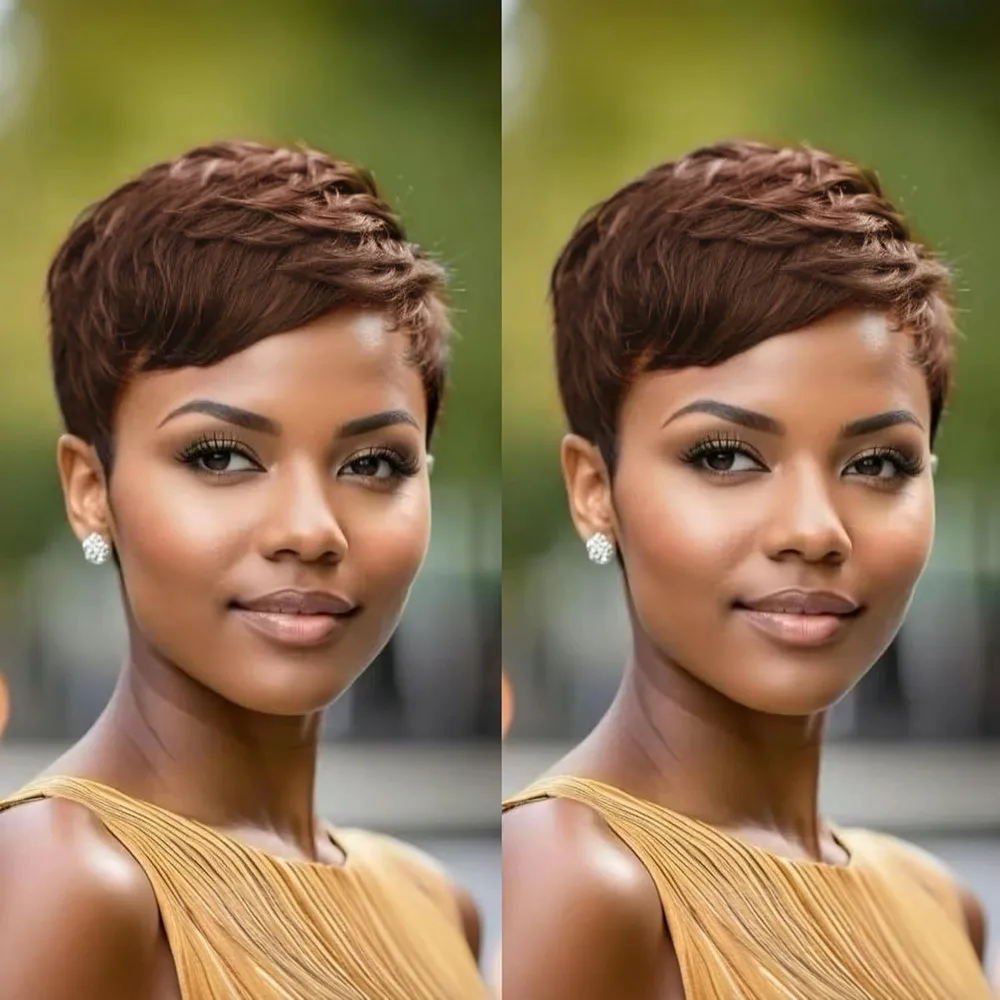 

Парик из натуральных волос с коричневой спинкой, бордовый, стрижка пикси, короткий, прямой, многослойный, 4 дюйма, машинное производство, 150% плотность, парик из человеческих волос Remy