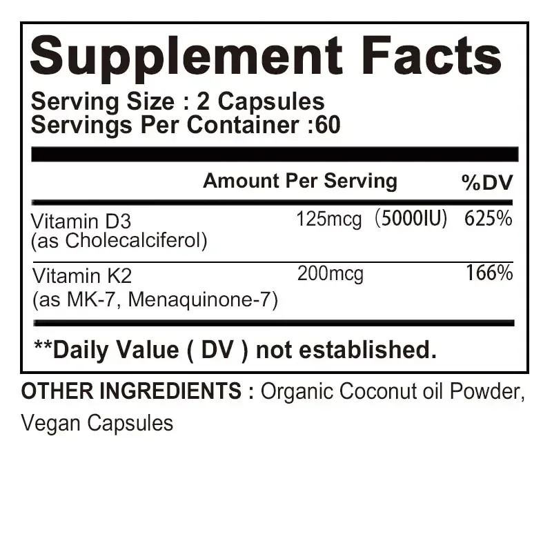 Vitamin D3 + K2 Supplement - Promotes Strong Bones, Calcium Absorption, Teeth, Heart, Cardiovascular Health