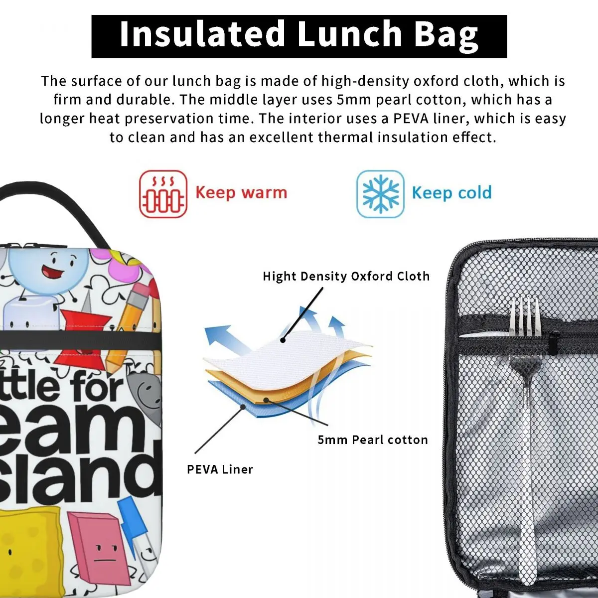 BFDI Poster White Insulated Lunch Bag for Women Kids Leakproof Food Boxes Thermal Lunch Box Tote