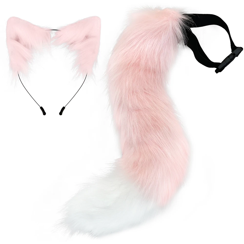 Fox Ears and Tail Set Faux Fur Cat-Foxes Ears Headband With Tail Set Tail Foxes-Cat Ears Paw Gloves Tail Halloween Cosplay-Props