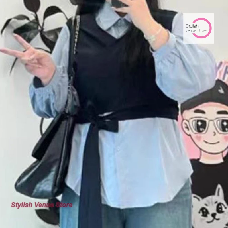 Korean style fashion fake two-piece vest long-sleeved shirt female autumn new temperament tie bow waist Joker casual shirt