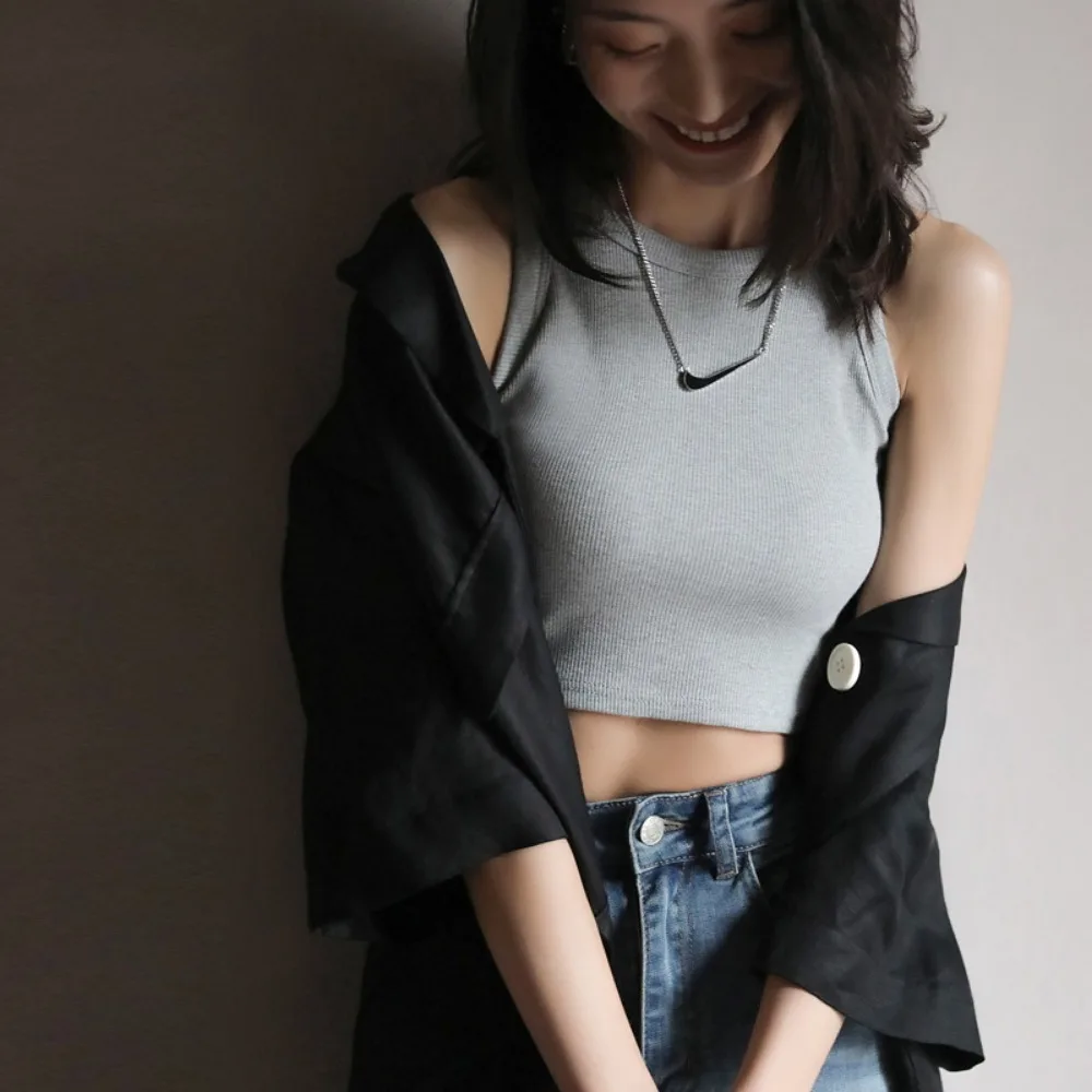 Casual Woman Tops Neck Summer Basic Shirts White Black Sports Yoga Crop Top Outdoor Vest Off Shoulder Female Sexy Tank Top Women image 3