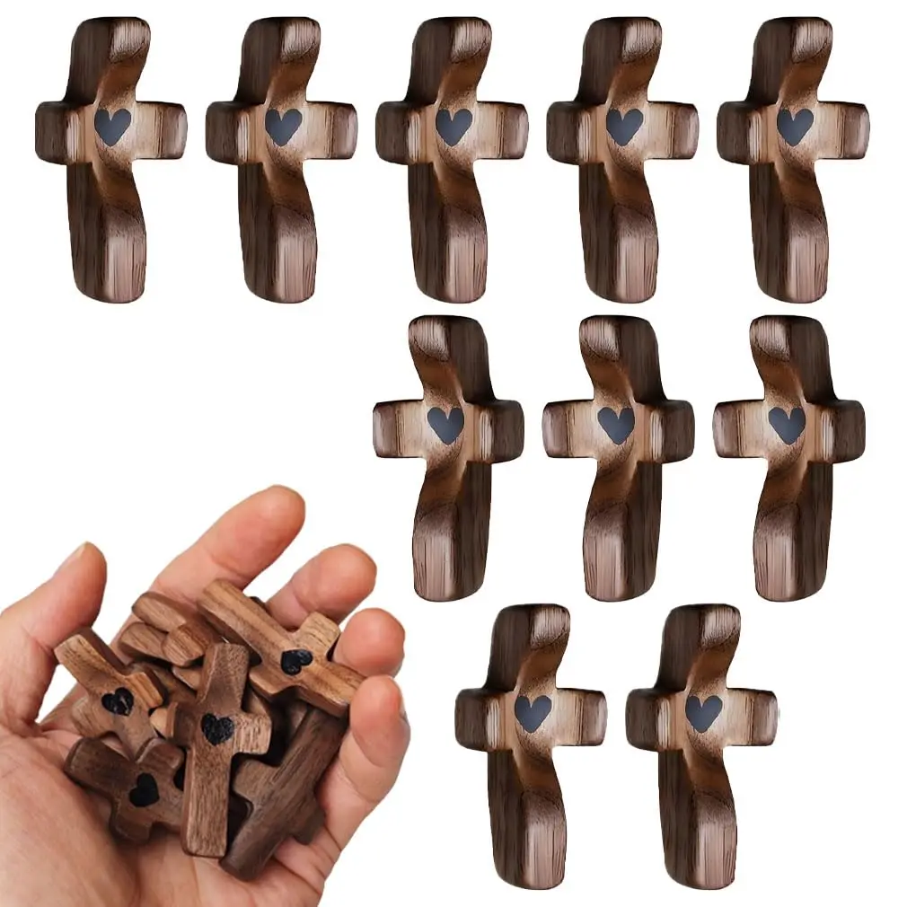 [Handheld Cross with Heart Cutout] Wooden Pocket Cross with Heart Cutout, Stress Relief Handheld Cross, Encouragement Gift for C