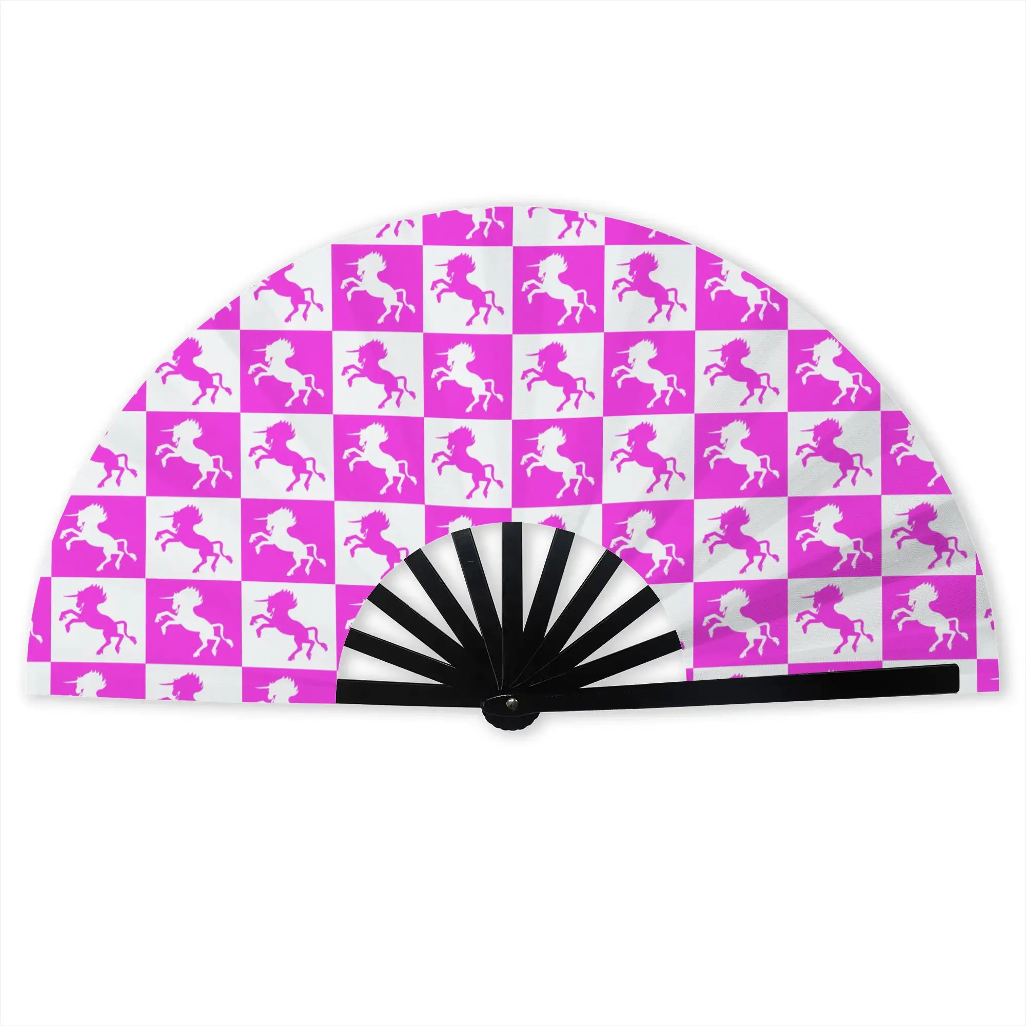 Pink and White Checkerboard Unicorns Folding Hand Fan  Polyester Fabric Fan Cool Summer Accessory Decorative Fans