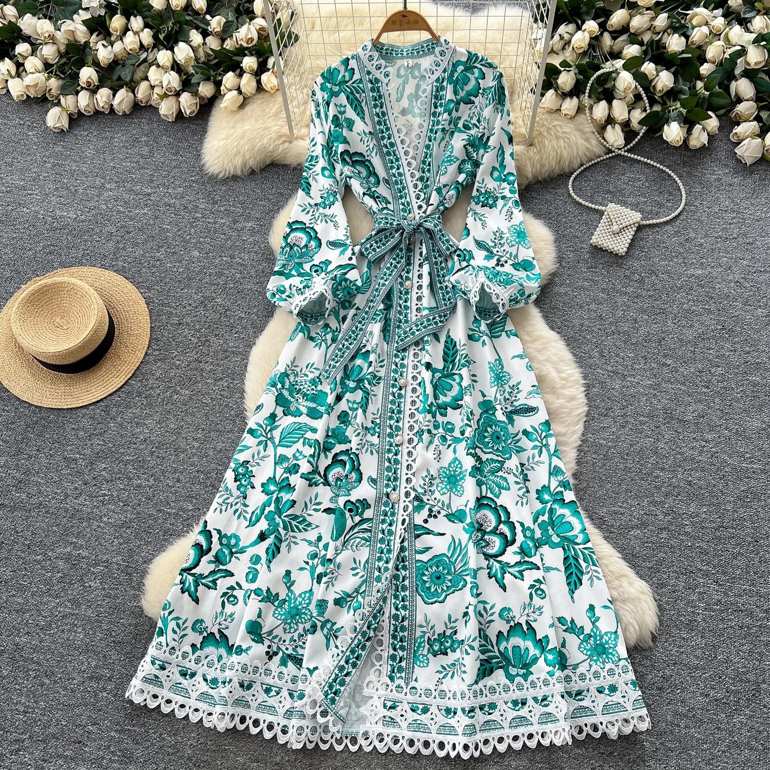 Chic vintage Sexy manica lunga stampa Criss-Cross split slim Elegante Fata moda coreana Boho Vestito estivo abbigliamento donna Abito lungo