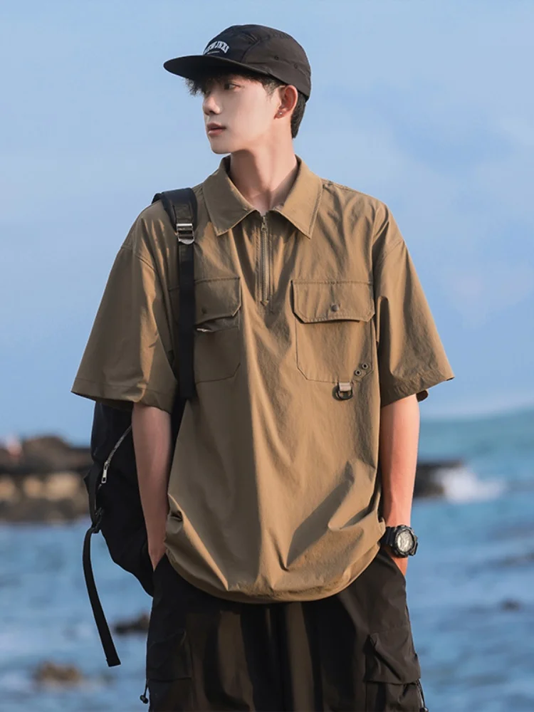 

Laid-ba Sle Men's ort Sve irt Loose Casual Breathable Summer New Pure Color y Outerwear Japanese Retro