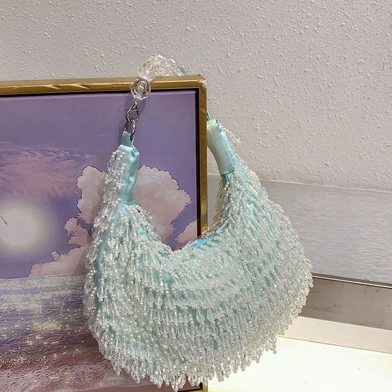 

FIRMRANCH Summer Fresh Sweet Light Blue Handmade Beaded Fringe Design Elegant Lady's Dinner Bag Chic Evening Dress Purse Hobos