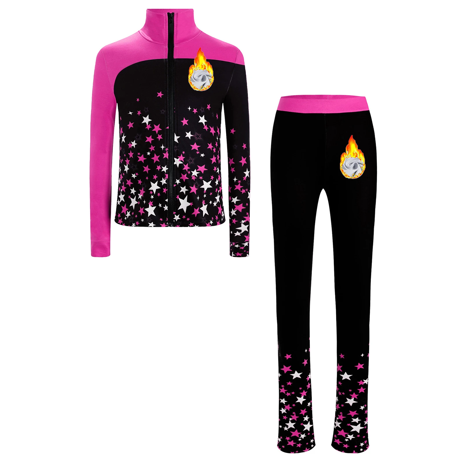 Kids Girls Figure Skating Gymnastics Outfits Yoga Workout Tracksuits Long Sleeve Star Printed Zipper Sweatshirt with Leggings