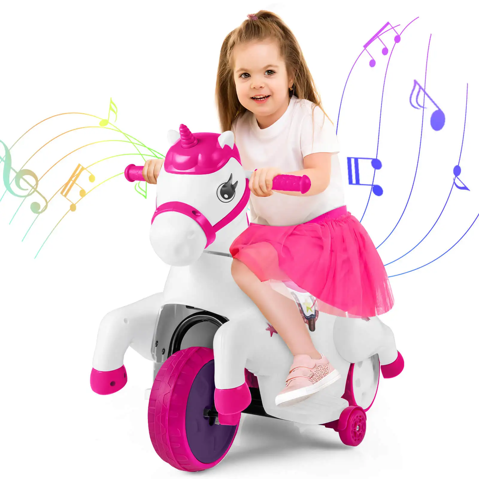 12V Kids Ride on Unicorn Toy w/ Training Wheels Music One-button Start Horse Toy