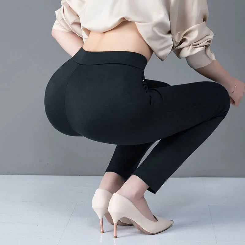 New Black Striped Pencil Pants Women High Waisted Elastic Slim Fit Occupation Office Wear Lady Pants with Pocket Casual Trousers