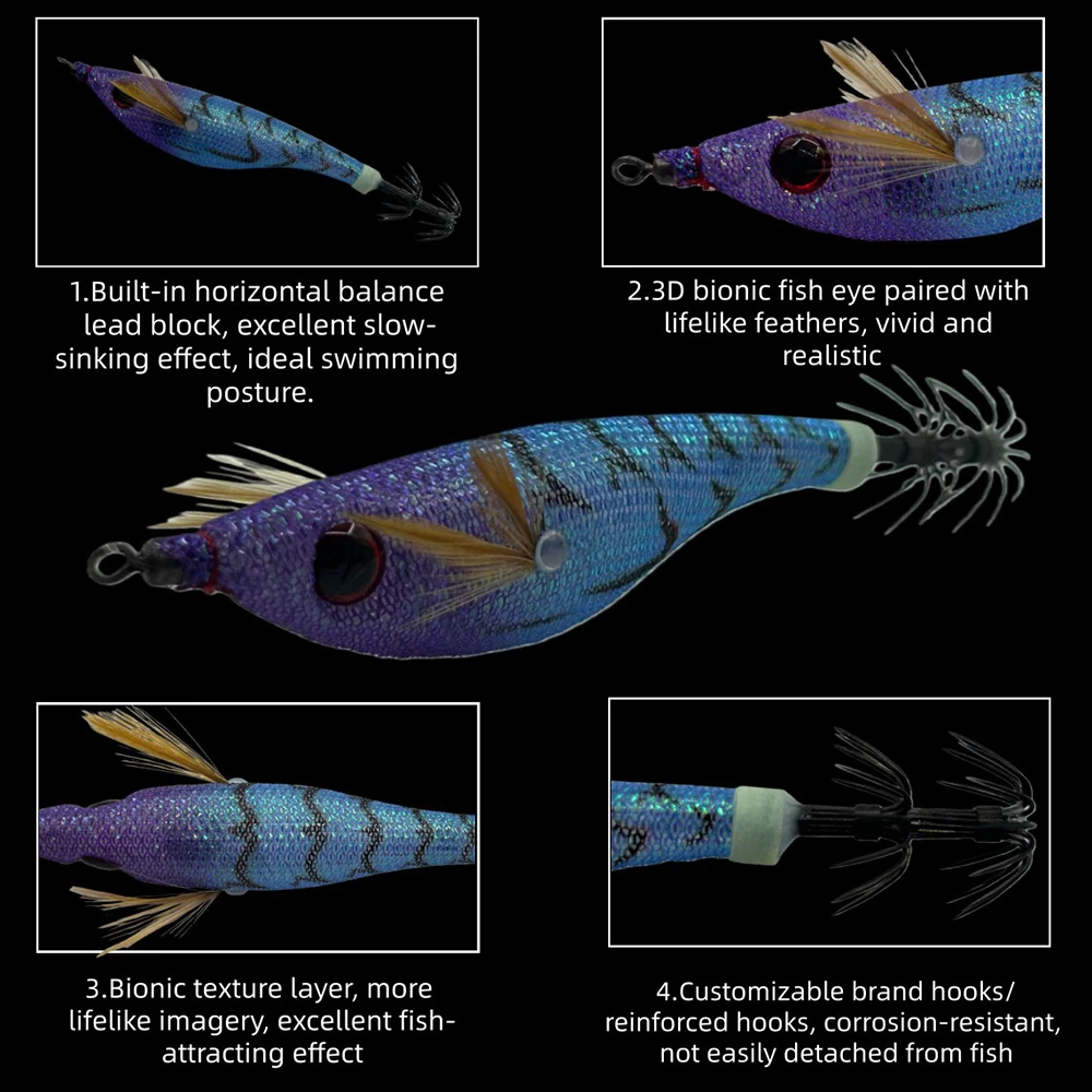 7.6g 9.6cm UV Horizontal Wooden Shrimp Squid Hook Jigging Lure Slow Sinking Bait with Rattle Beads For Octopus Cuttlefish view 2