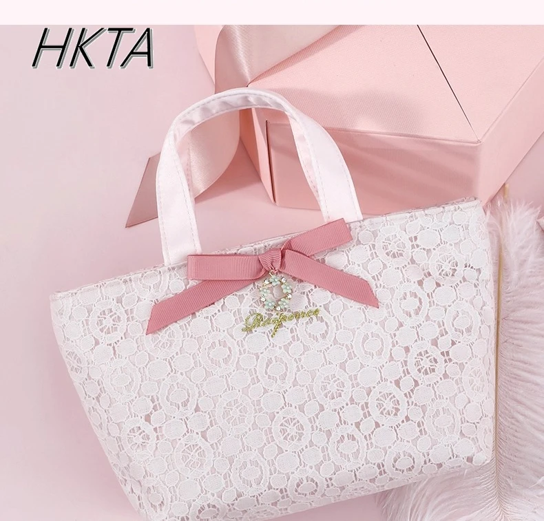 النمط الياباني الدانتيل الربط القوس المحمولة تحمل على لوليتا حقائب مستحضرات التجميل الألغام المرأة الحلو اللؤلؤ تخزين حقيبة مستحضرات تجميل لوليتا فتاة