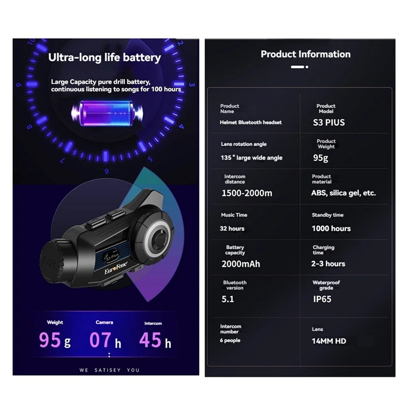 N11R- S3 Plus Motorradhelm Bluetooth Intercom Headset 2K Videorecorder DVR Dash Cam unterstützt 6 Personen