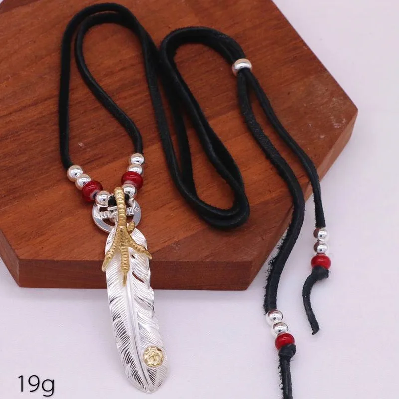 

Indian Style 925 Pure Silver Bright Silver Claw Feather Single Pendant Black Deer Skin Rope Necklace