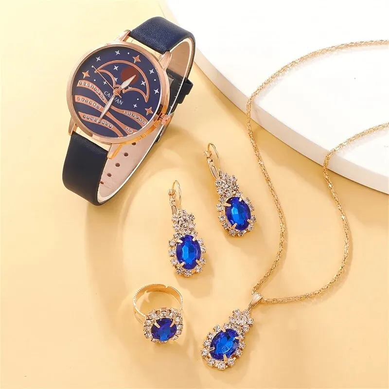 5pcs Set Women Fashion Quartz Watch Female Clock Moon Dial Luxury Brand Design Women Watches Simple Ladies Watches