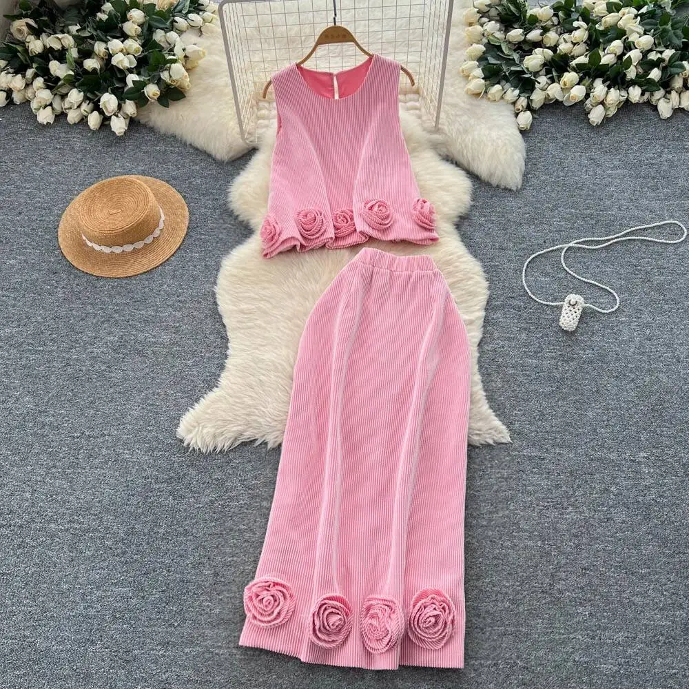

Sexy chic sleeveless O-Neck hollow out slim Vintage korean fashion Evening Party ceremony dresses Two Piece Set