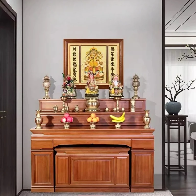 household stepped Buddhist shrine cabinet three-layer solid wood new Chinese simple Buddhist altar middle hall table
