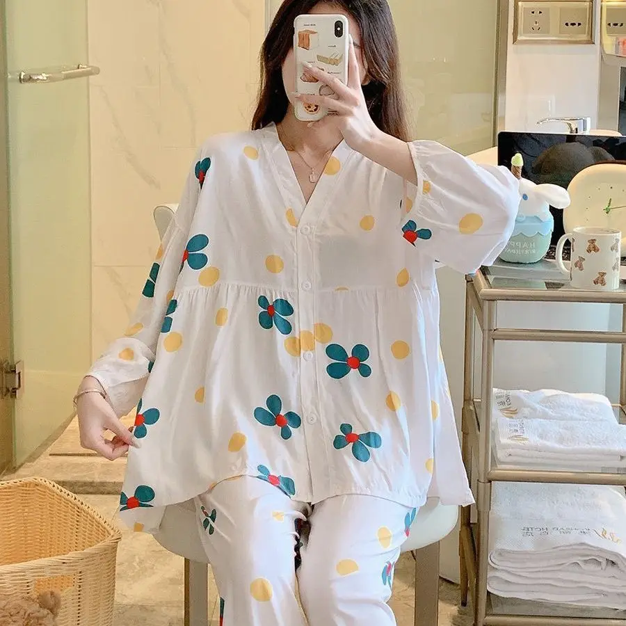 100% Cotton Silk Women\'s Pajamas Summer Oversized Loose Slimming Printed 3/4 Sleeve Shirt wide Leg Pants Two Piece Set for Women