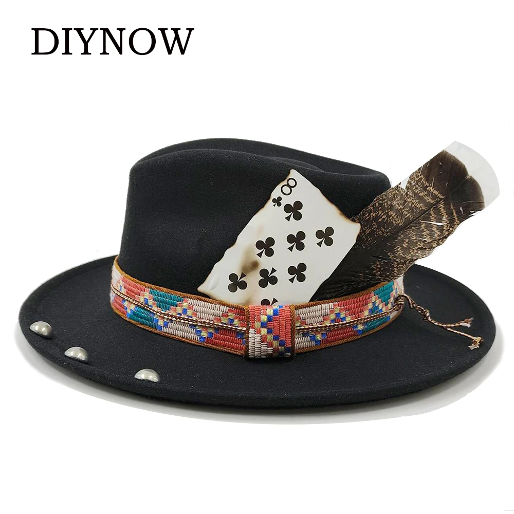 Kapelusz Fedora z piórami dla mężczyzn Kobiety Czarny Filc Szerokie rondo Czapka jazzowa Gentleman Caps Plum Blossom 8 Playing Card Design Fedora Hat