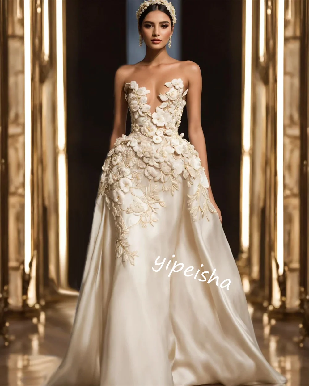 ที่กําหนดเองชุดราตรีซาอุดีอาระเบียซาตินAppliqueวันเกิดBall Gown Strapless Bespokeโอกาสชุดยาว