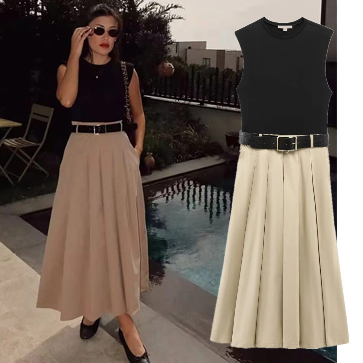 

Maxdutti French Retro Color Matching Tank Dress Female Minimalist Fashion Ladies Commuting Loose Pleated Summer Dress Women