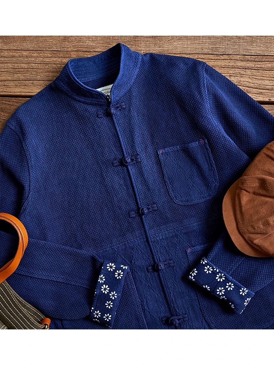 

Plant Blue Dye Indigo Chinese Style Buttoned Cotton Long-Sleeved Shirt Casual Stand-Up Collar Retro Tang Suit Jacket