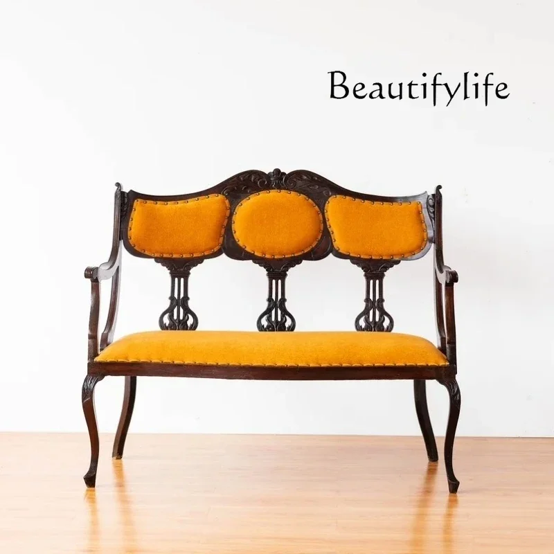 

French retro solid wood carving flower double sofa medium ancient style home old leisure chair restaurant sofa