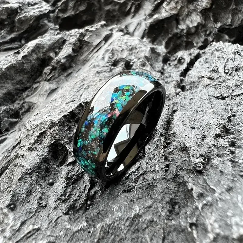 8Mm Fashionable Sparkling Galaxy Opal Ring, Suitable for Both Men and Women, Tungsten Alloy Dome Polishing Comfortable