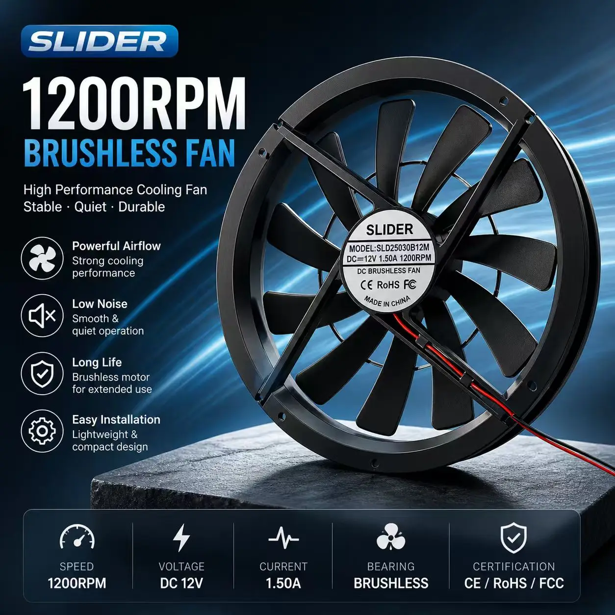 slider-12v-120cfm-コンピューターケースファン-静音-40dba-デュアルボールベアリング-モレックスコネクタ-25cmグリルと取り付けキット付き