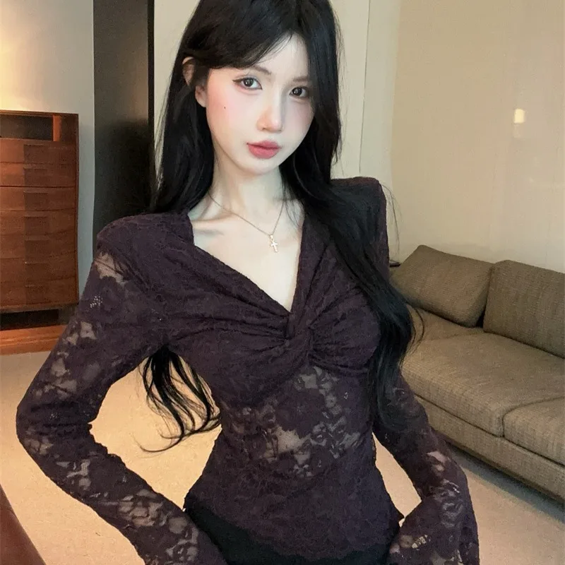 Sexy évider v-ne dentelle noeud conception Base irt femmes Faionable automne hiver nouveau Sle longue Sve taille cintrée