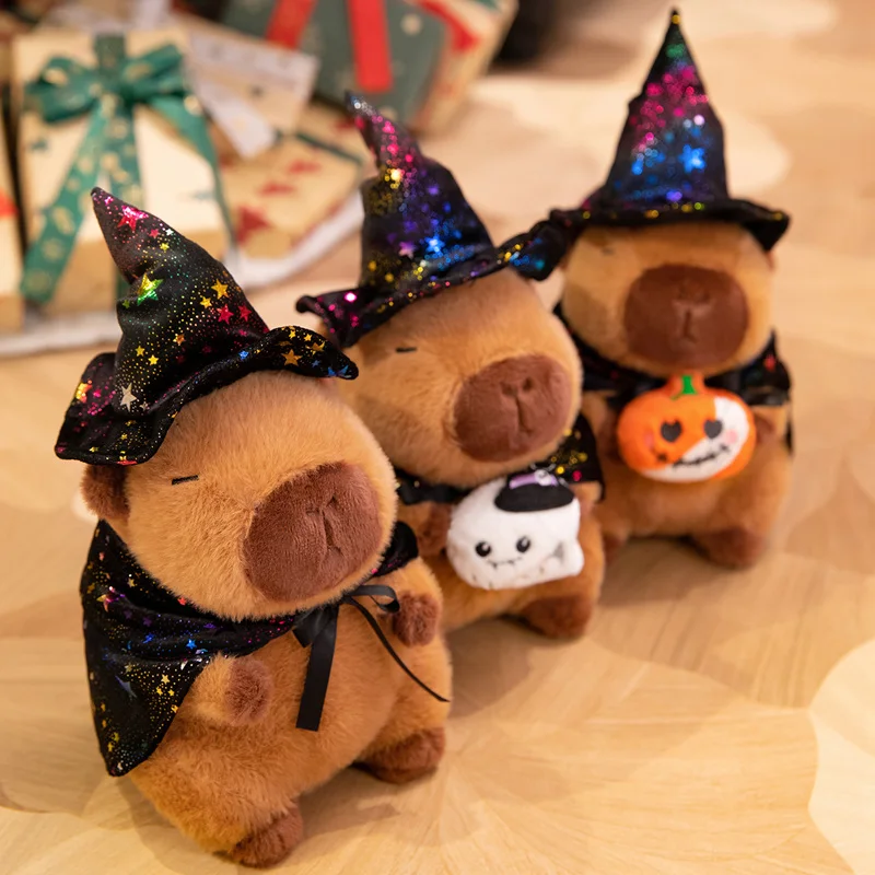 Kawaii Halloween Witch Capybara Plush Toy Glitter Star Wizard Hat Cape Soft Stuffed Animal with Pumpkin Ghost Ornament Holiday D