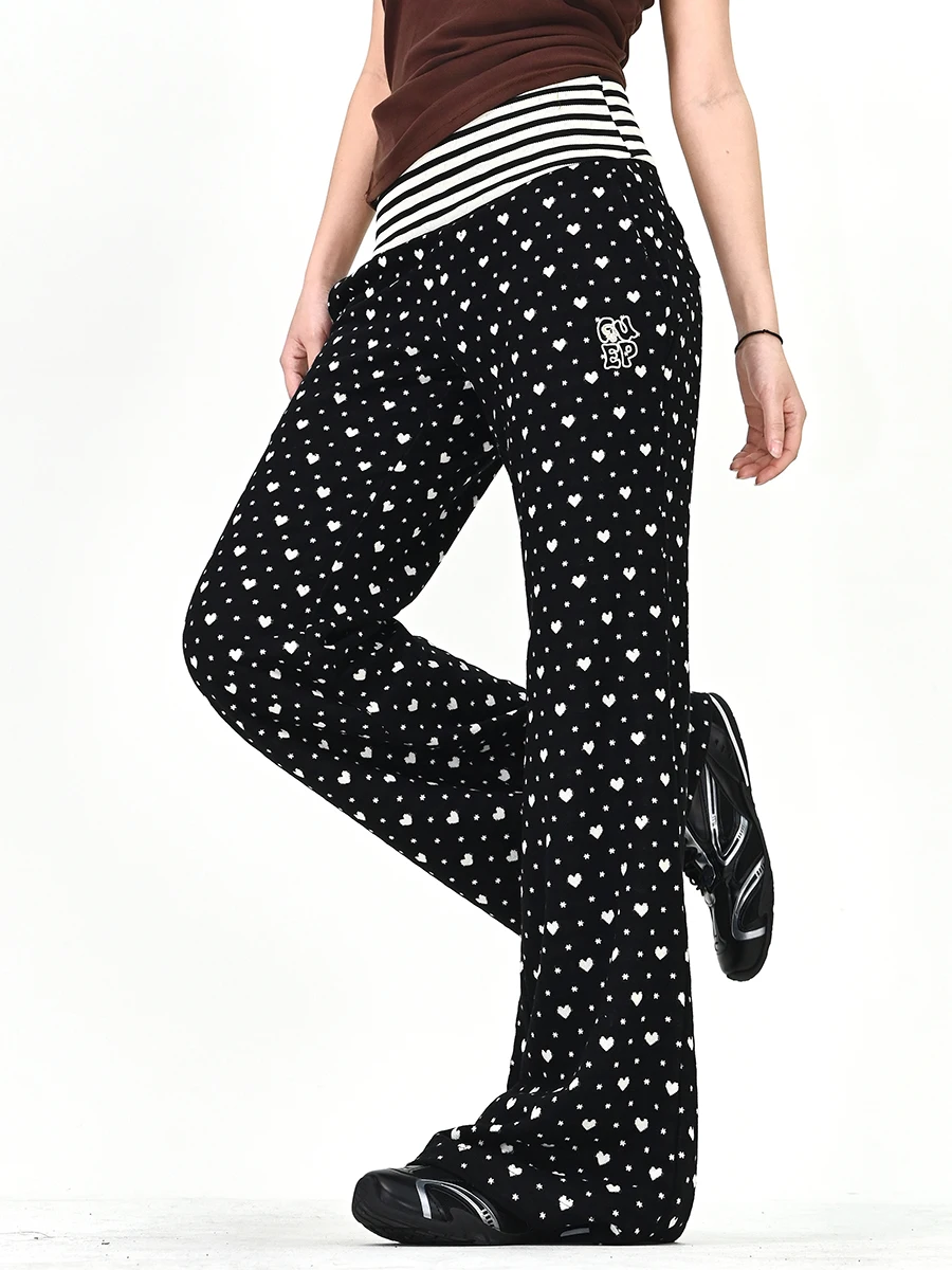 

American High Street Sle Casual Pants Women's Spring New Love Heart Patterned Flared Two-Piece Set Long Sve Jaet