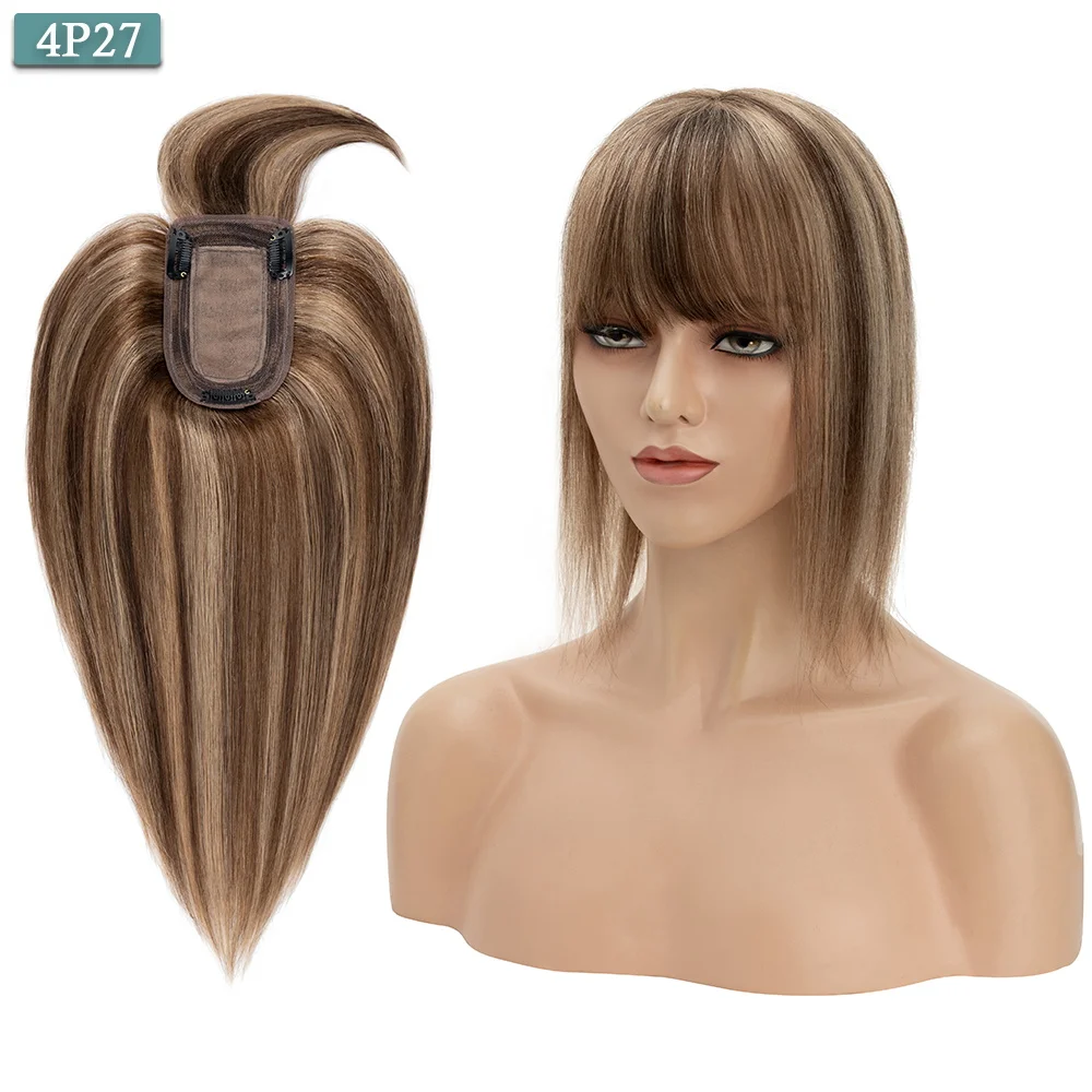 SEGO 7x13CM Echthaar-Topper mit Pony für Frauen, Seidenbasis, natürliche Haarteile, Perücken für Haarausfall, Volumenabdeckung, graues Haar – Detail 14