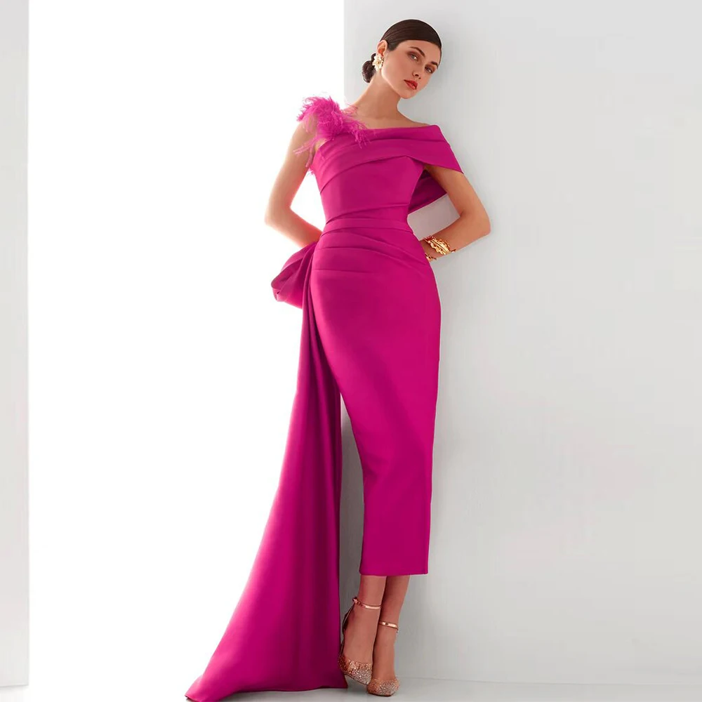 

Modern Fuchsia Dress Party Satin Feather Pleat Draped Column One-shoulder Midi Dresses 2024 Bespoke Occasion Gown