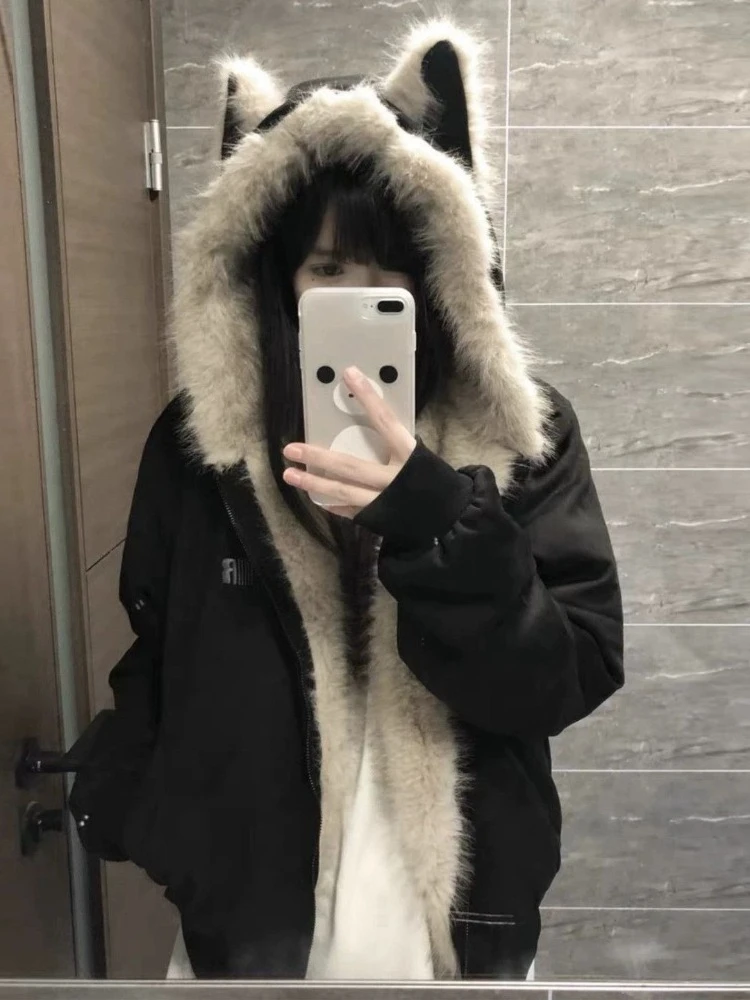 Parka Wanita Bergaya Retro Amerika Lengan Panjang Berkerudung dengan Telinga Kucing, Sweatshirt Manis Vintage Kerah Bulu Imitasi Warna Solid Musim Gugur 2025