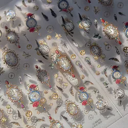 5D Relief Laser Jelly Vintage Clock Watch Gear Key Feather Flower Adhesive Nail Art Stickers Decals Manicure Ornaments
