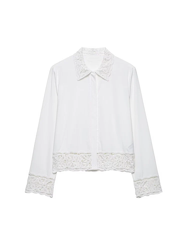 

SIYANG Women Fashion White Lace Hem Single Breasted Blouse Vintage Lapel Neck Long Sleeves Female Chic Lady Shirts