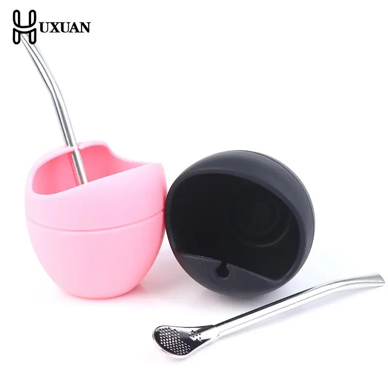 Juego de tazas de té con pajita para Yerba Mate, bombas de silicona, negro/rosa, 5oz
