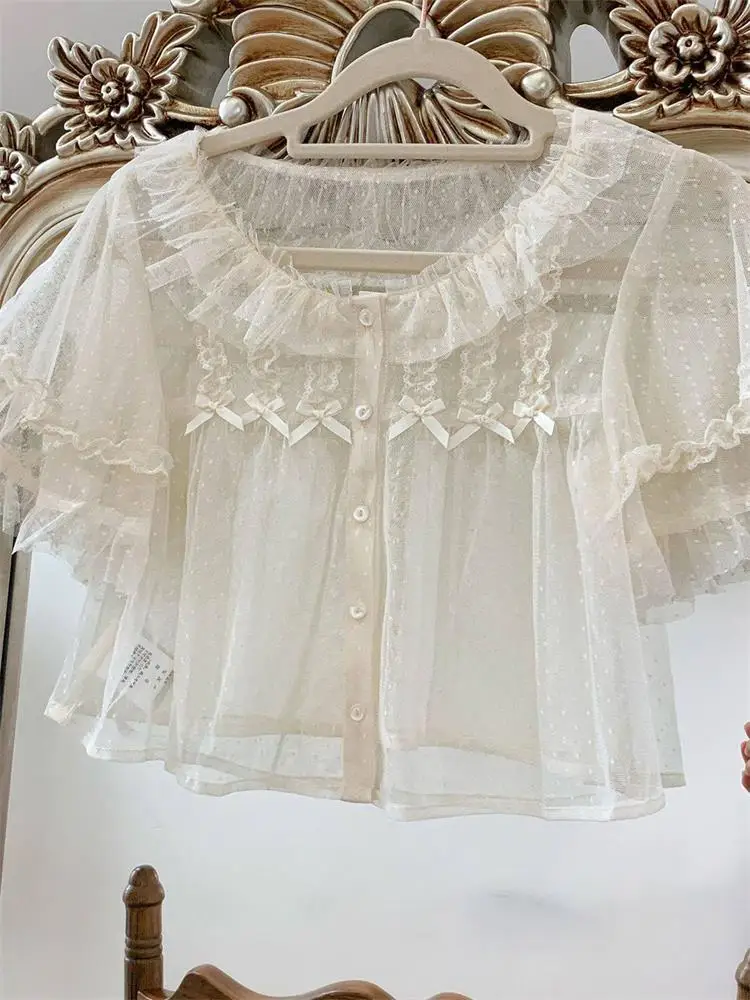 

Cute Summer Lolita Base Shirt Lace Mesh Short Sleeve Layered Blouse Korean Style Hollow out Design round Neckline Knot